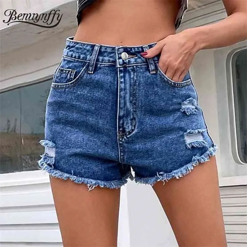 Summer Casual Ripped Denim Shorts Femmes Mode Bouton Fly Femelle Taille Haute Trou Droit Jean 210510