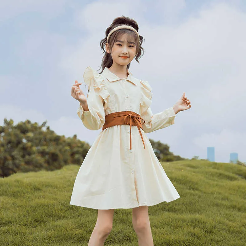 Korean version of the autumn style, big boy, girl, western style, little girl, belt style shirt dress, trendy fan Q0716