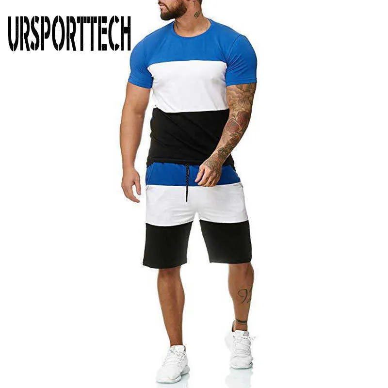 Summer Casual Tracksuit Men Sets 2 Piece Outfit Sport Short Set Mens Thin Sets Suit Striped Shirt + Jogger Short Workout Clothes 210528