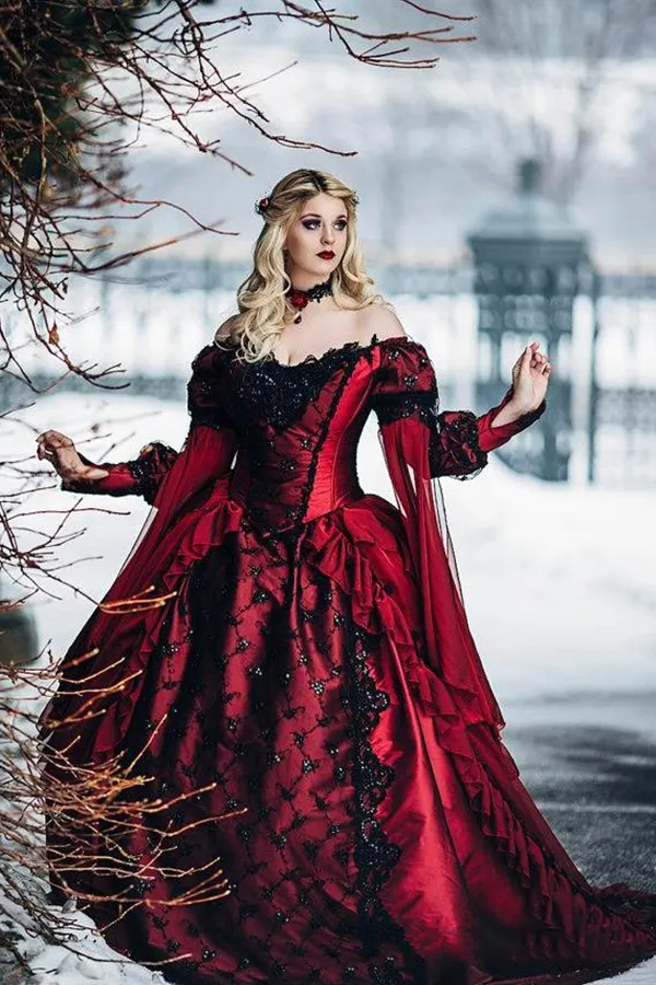 2022 Winter Gothic Sleeping Beauty Princess Sukienka Ślubna Średniowieczna Czerwona i Czarna Suknia Balowa Bridal Długie Rękawy Koronkowe Aplikacje Vintage Wiktoriański Sukienki panny młodej