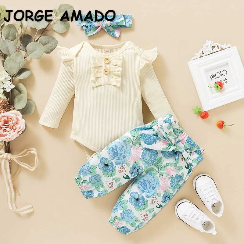 Spring Cotton Bébé Ensembles Gaufre Longues BodySuits + Pantalon Floral Bande à cheveux 3PCS Tenues E2006183 210610