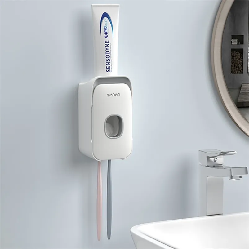 Portaspazzolino Accessori da bagno Dispenser di dentifricio Spremiagrumi Montaggio a parete automatico in plastica Portatile 210423