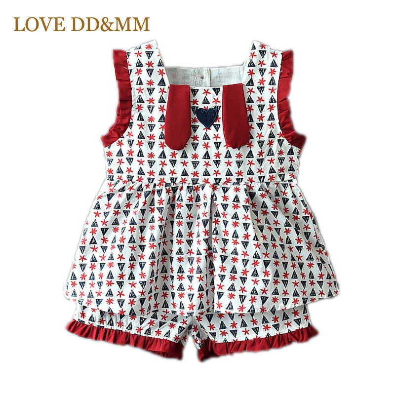 Kärlek DDMM-tjejer Sommar sommar Barnkläder Tjejer Ärmlös Trä Öra Square Collar Print Dress + Shorts Vin Röd kostym 210715