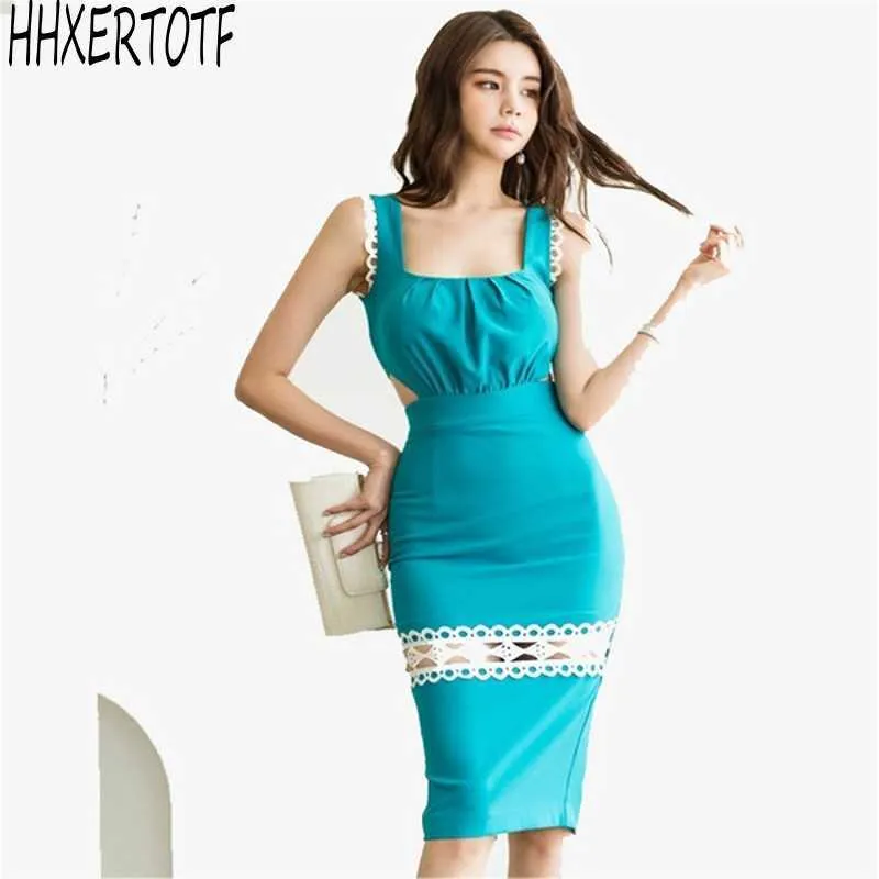 Zomer mode elegante temperament sexy gesneden taille vestidos slanke schede bodycon potlood jurk 210531