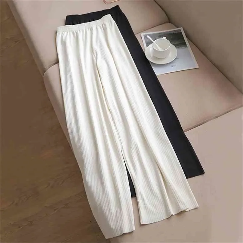 Wysokiej jakości szerokokrwiste spodnie damskie talii pełna lentała luźna biała czarna dorywczo długich lodowych jedwabiu kobiet spodnie 210915