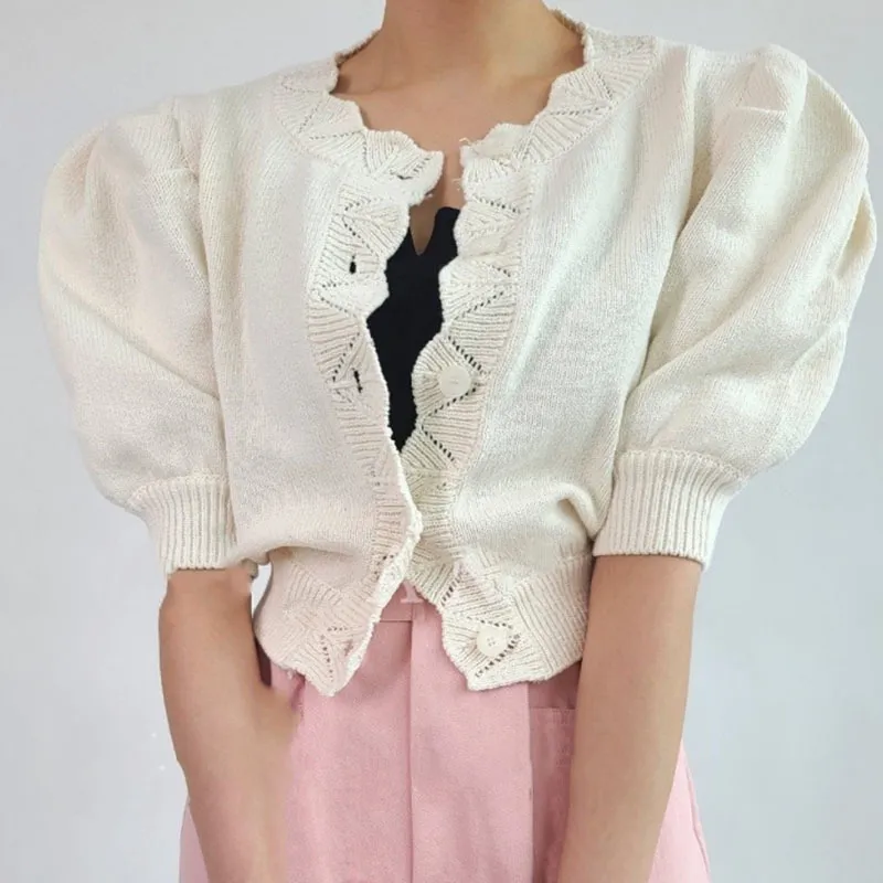 Lucyever Button Up Puff Sleeve Knitted Cardigan Women Summer