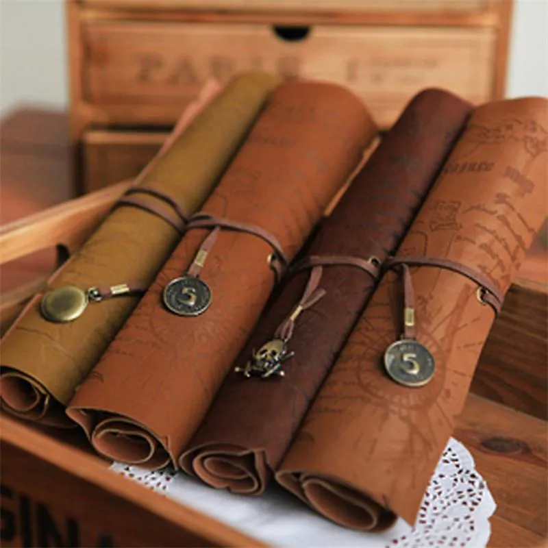 Pencil Bags Vintage Pirate Roll Pen Bag PU Leather Case Treasure Map School Stationery Supplies High-capacity Cosmetic