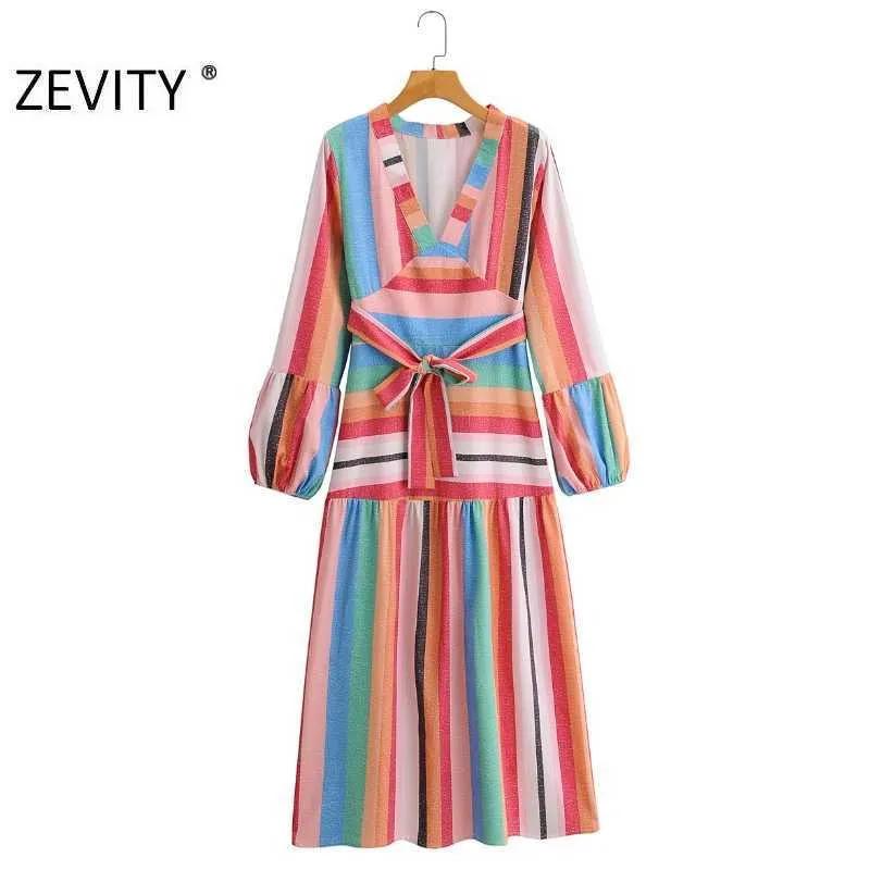 Zevity mujeres Vintage cuello en V colorido rayas estampado Patchwork arco fajas Midi Vestido femenino vacaciones estilo Chic Vestido DS4591 210603