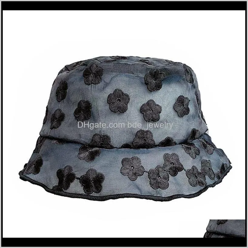 women sheer lace bucket hat floral embroidery ruffle edge foldable fisherman cap 2xpd