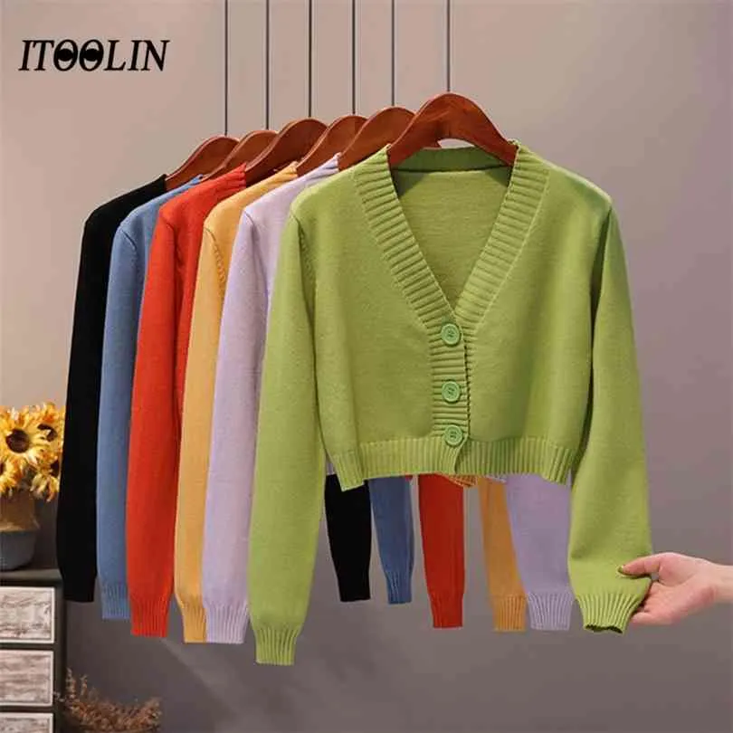 Itoolin cardigan voor vrouwen gebreide trui v-hals lange mouw crop tops vrouwelijke knop omhoog vestigingen bijgesneden kleding 210922