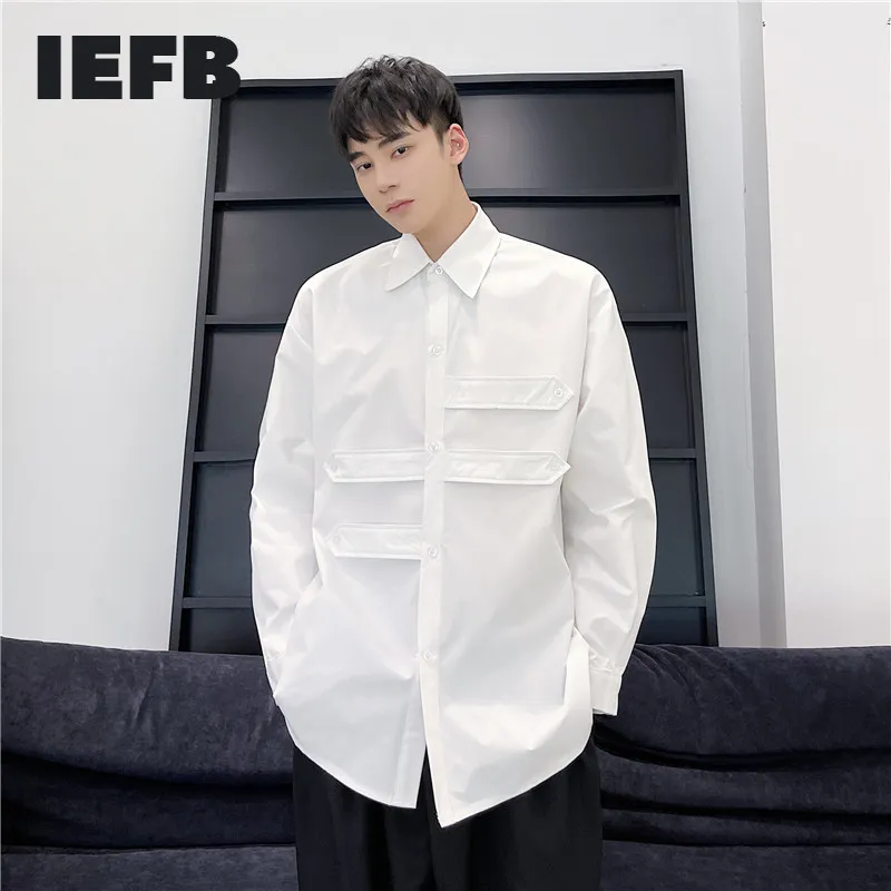 IEFB nisch design singel breasted vit skjorta Mäns lösa stor storlek lapel asymmetrisk kläder för manliga långärmade toppar 9Y6896 210524