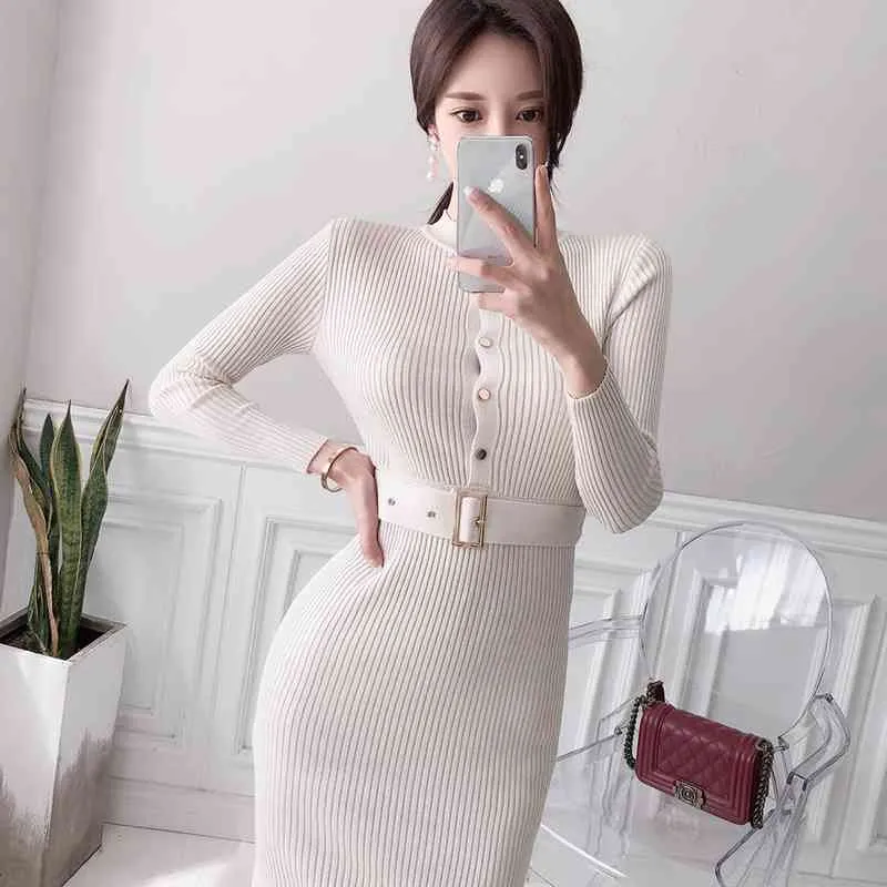 Autumn Winter Knitted Pencil Dress Women Long Sleeve O-neck Single Breasted Belt Korean Elegant Ol Style Sweater Dresses 210518