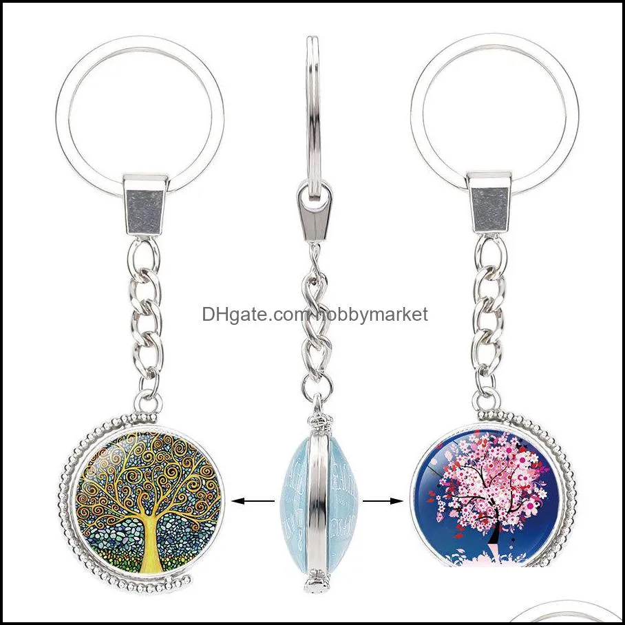 Tree of Life Double sided Keychains Rotable Glass Cabochon Time Gemstone Key chain Silver metal Key Rings Jewelry accessories in Bulk