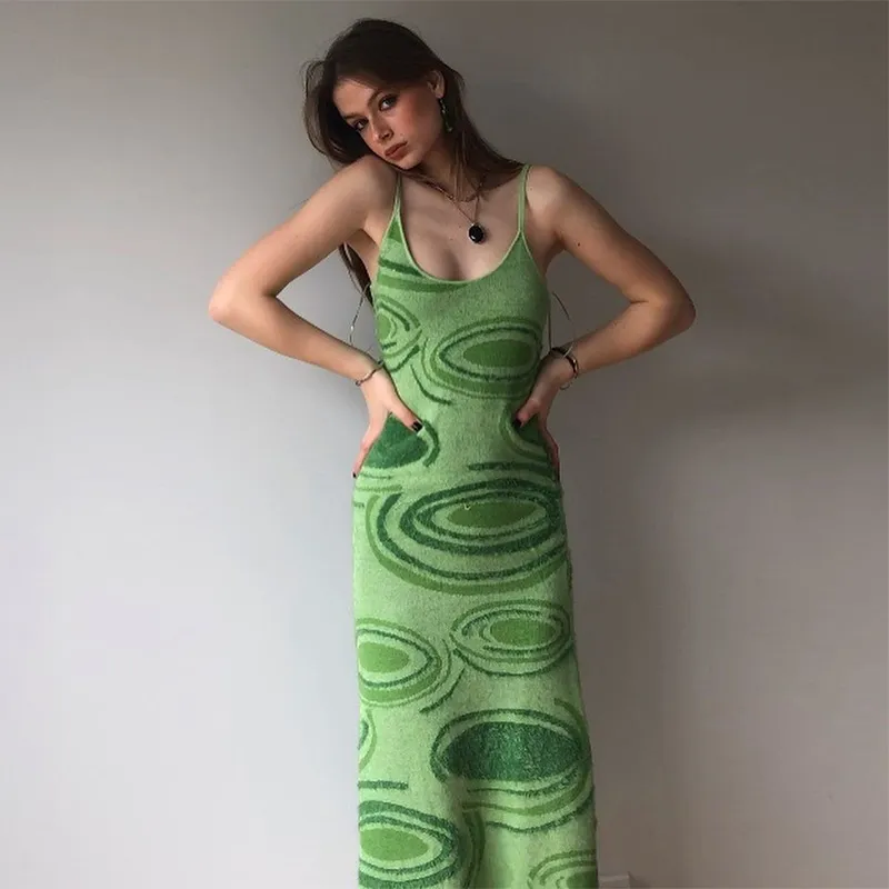 Robe en tricot imprimé femmes vert Y2K été sexy robe moulante sans manches spaghetti sangle plage fête midi robes tenue décontractée 210521