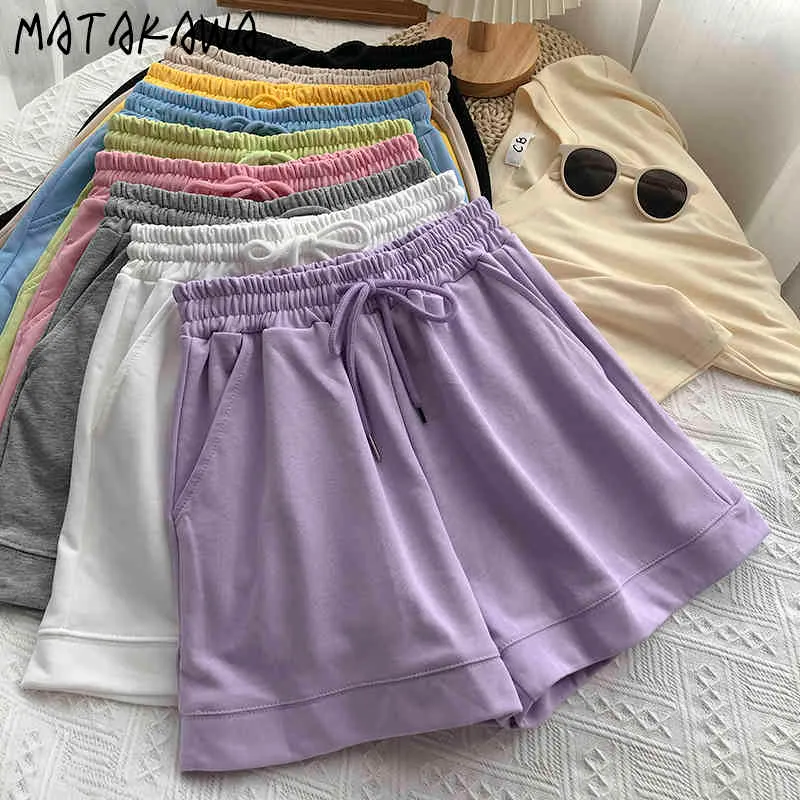 MATAKAWA Color puro Casual Pantalones deportivos Mujeres Mujeres coreanas Pantalones cortos Correa simple Cintura alta Pantalones cortos de pierna ancha 210513