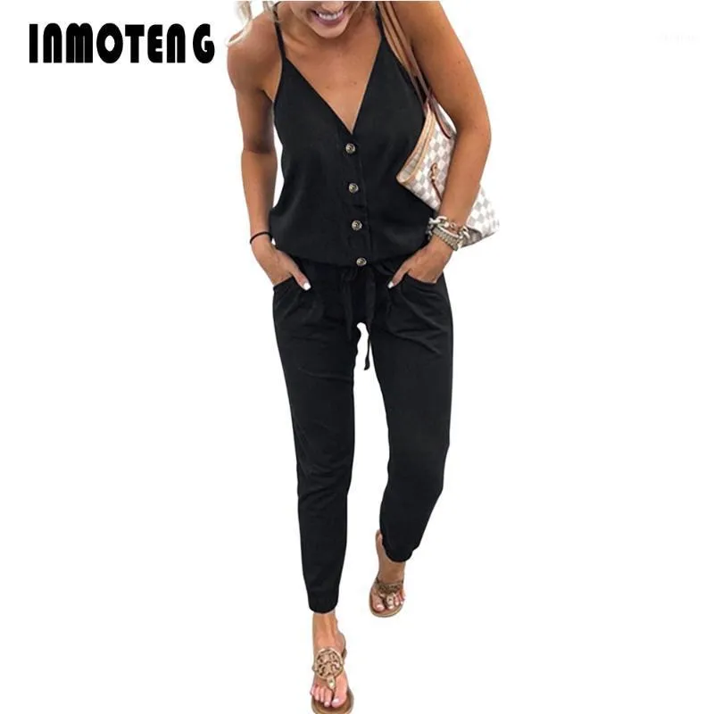 Jumpsuits das mulheres Maciçais Inmoteng Mulheres Black Butting Sexy V Neck sem mangas Jumpsuit Spaghetti Strap Strapy Club Festa com bolsos S