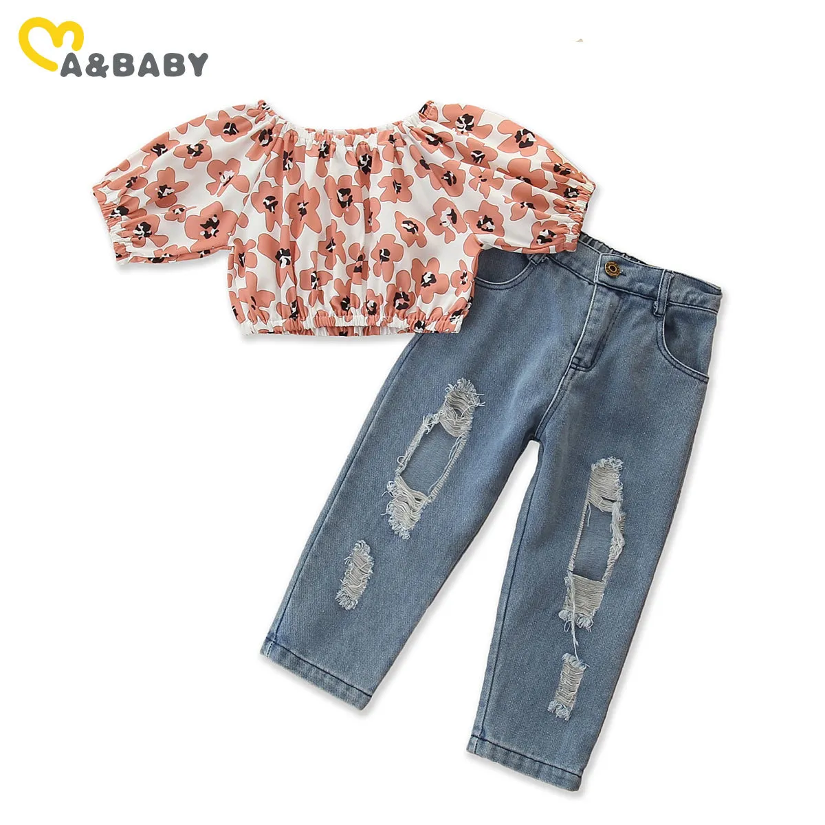 1-6Y Summer Toddler Kid Girl Clothing Set Floral Crop Top + Denim Byxor Outfits Kostymer Barnkläder 210515