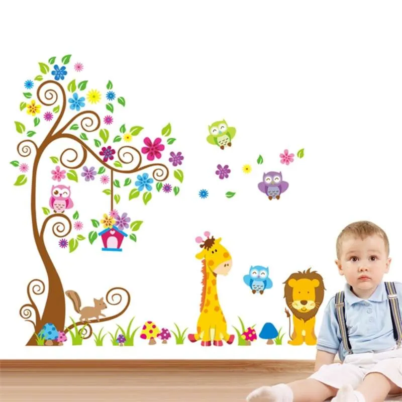 Grande Taille Arbres animaux 3D DIY Coloré Hibou Stickers Muraux Stickers Muraux Adhésif pour enfants chambre de bébé Murale Décor À La Maison Papier Peint 210929