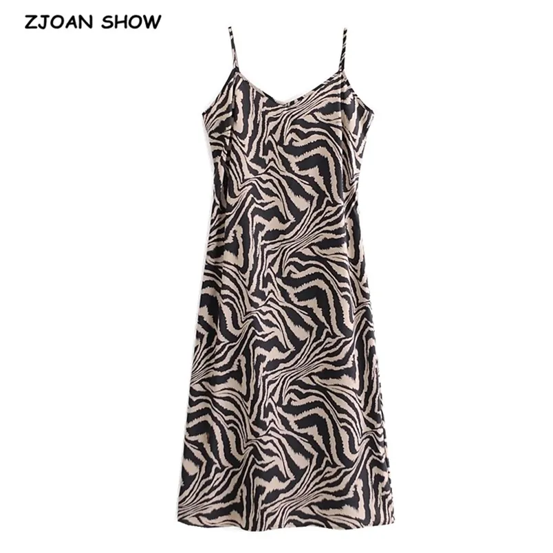 Sexig Backless Animal Zebra Print Sling Klänning Kvinna Vintage Spaghetti Strap En Linje Slim Mid Long Base 210429