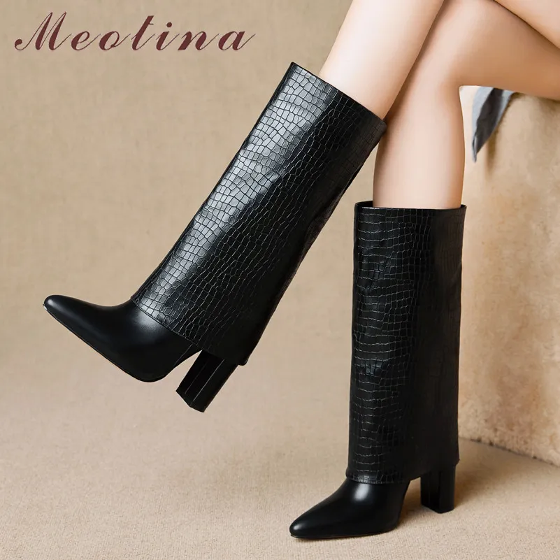 Meotina Mid Calf Stövlar Kvinnor Real Leather High Heel Boots Pekade Toe Tjocka Klackar Mode Boots Skor Ladies Höst Vinter Svart 210520