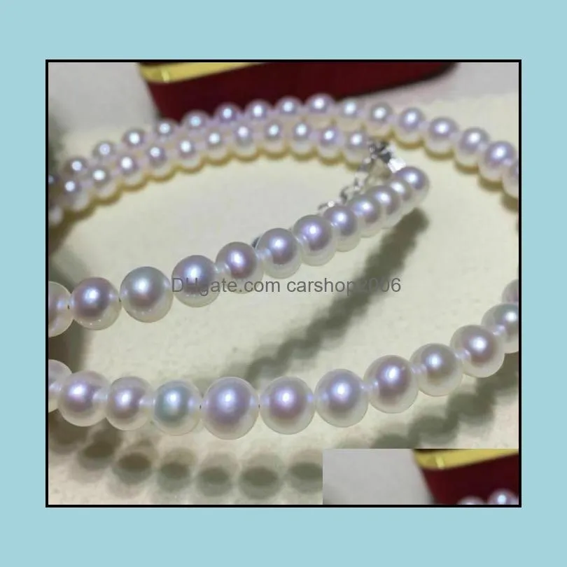 9-10mm White Natural Pearl Beaded Necklace 18inch 925 Silver Clasp Women`s Gift Jewelry