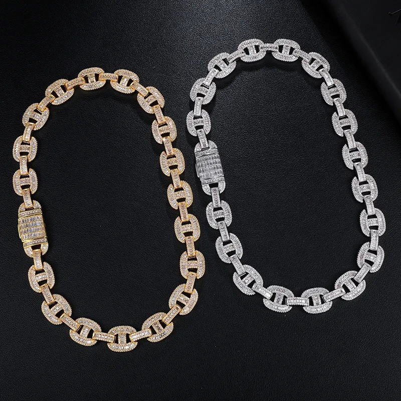 18mm Baguette Cyrkonia Kubańska Łańcuch Naszyjnik Mężczyźni Kobiety Hiphop Link Złoty Srebrny Kolor Miedzi Bling Moda Rock Jewelry