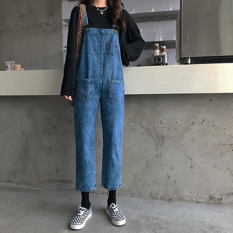 SML style coréen jeans femmes printemps automne lâche bleu pantalon droit pantalon combinaison décontracté denim salopette femmes (72608 210423