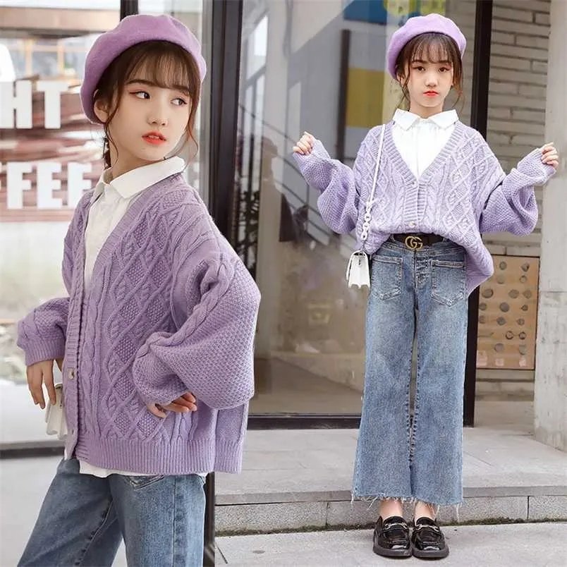 Girls Purple Sweater Autumn Winter Kids Knitted Cardigan Tops Fashion All-match Outerwear Children's Clothing 10 12 13 Year Coat 211201