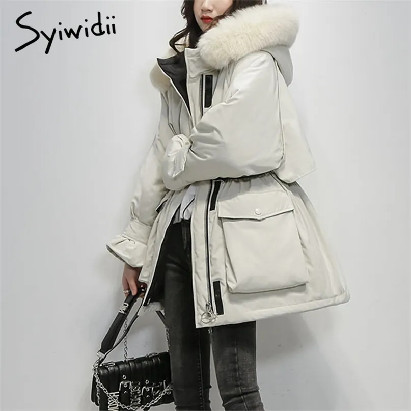 シオワイド毛皮襟フードウィンタージャケット女性調節可能なウエスト秋韓国のファッション特大緩い厚い暖かいアウターウェア211216