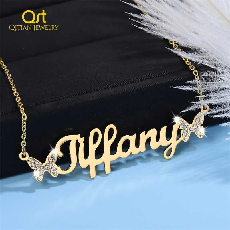 Personalisierte Schmetterlingshalsketten Benutzerdefinierter Name Bling Iced Out Anhänger Gold Edelstahlkette Kristall Namenshalskette für Frauen 211110