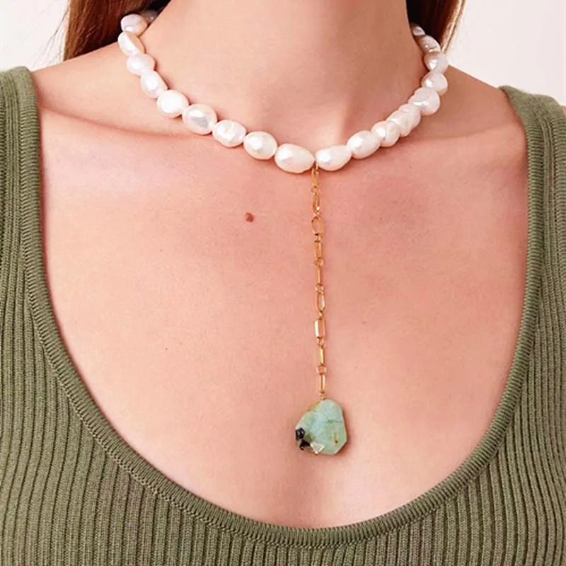 Hängsmycke Halsband Boho Quince de MODA 2021 Partihandel Vintage Eternal Natural Freshwater Pearl Necklace Green Stone