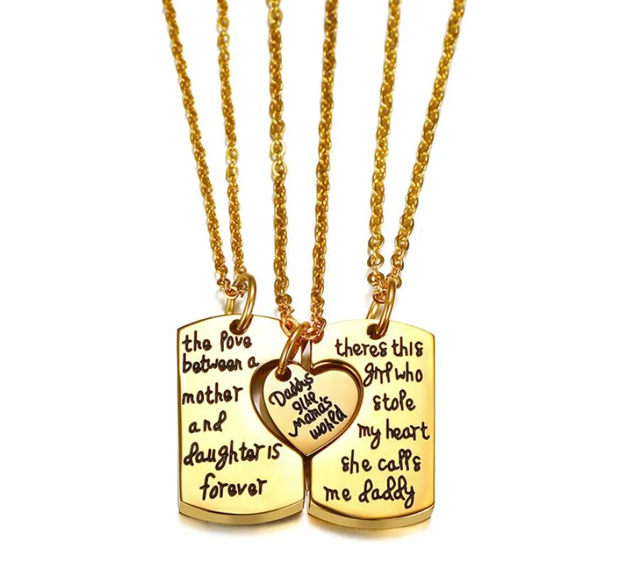 Gold Family Gift Encouraging Jewelry Necklace charms Daddy's Girl Mommy's World Set of 3 pcs Puzzle Heart Dog Tag Pendant Dad Mom Daughter