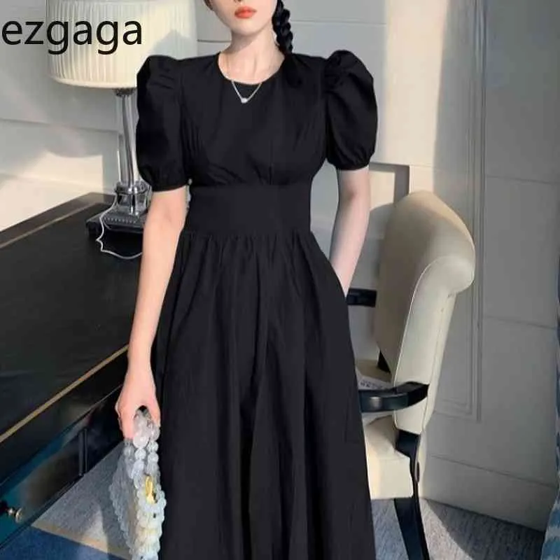 Ezgaga Fransk stil Vintage Midi Dress Women High Waist Puff Sleeve O-Neck Sommar Ny Elegant Solid Design Party Lång Klänning 210430