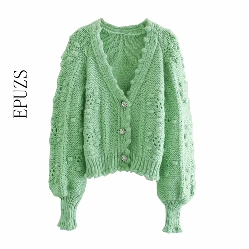 Vintage ball green knited cardigan sweater women knitted casual long sleeve thick coat korean 210521