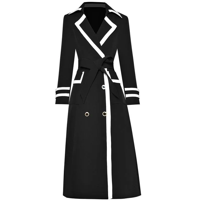 Kvinnors Trench Coats Windbreaker Höstdesigner Högkvalitativ Fashion Party Arbetsplats Vintage Elegant Lapel Patchwork Black Midi Coat