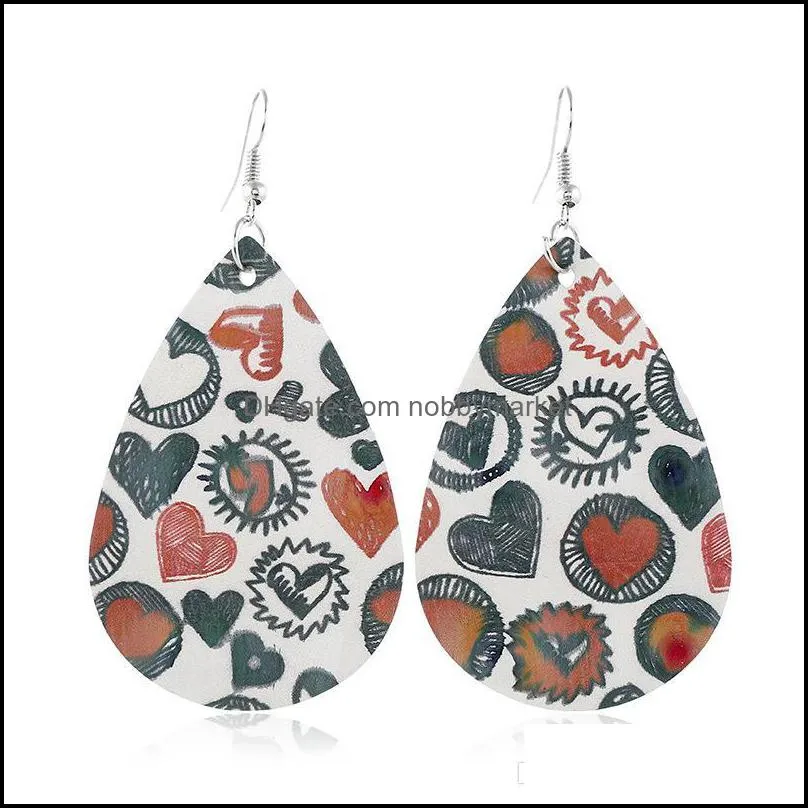 Romantic Valentine`s Day Statement Leather Teardrop Earrings Printing Heart Love Letter Pattern PU Leather Earrings for Women
