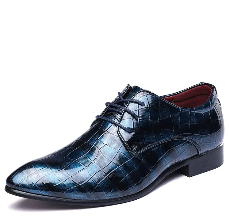 Mode Luxurys Mannen Jurk Lederen Schoenen Snake Skin Prints Classic Style Blue Black Lace-up Puntschoen Mens Oxford Formele Schoen