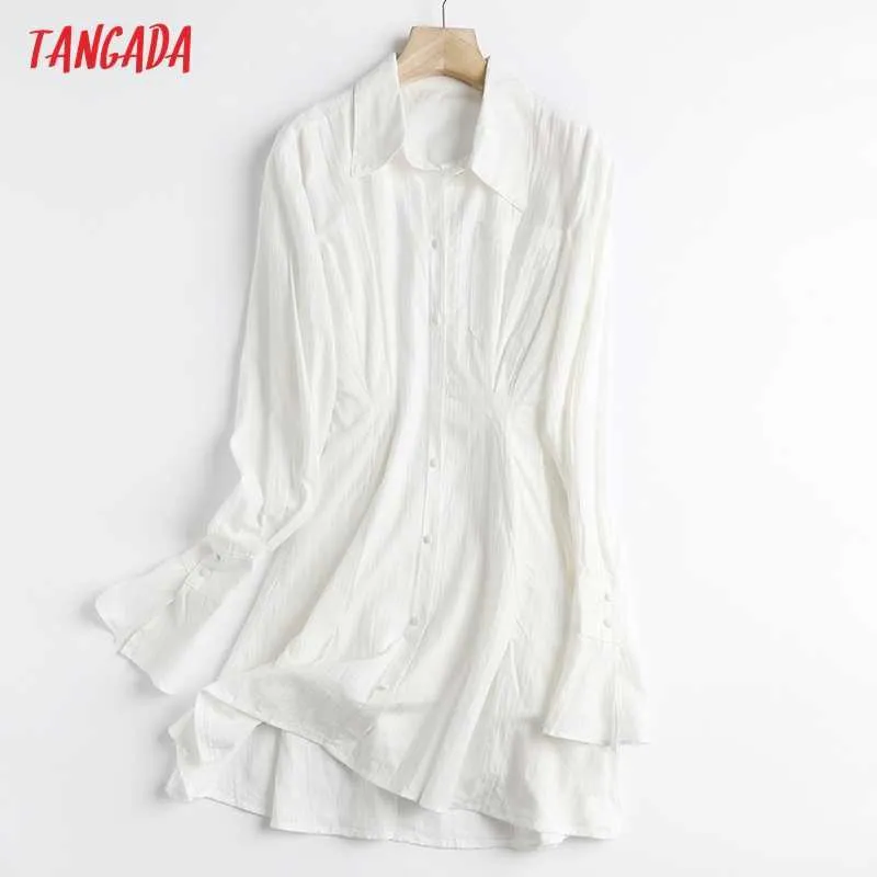 Tangada Fashion Women White Tunica Cotton Shirt Dress Flare Long Sleeve Office Ladies Mini Dress 5S16 210609