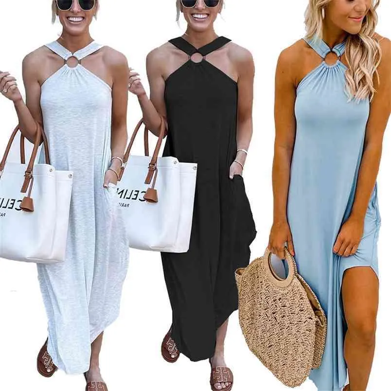 Elegant Sommarring Halter Split Maxi Klänningar Sexig Av Skulder Baklösa Lång Tank Kvinnor Casual Ärmlös Lös 210522