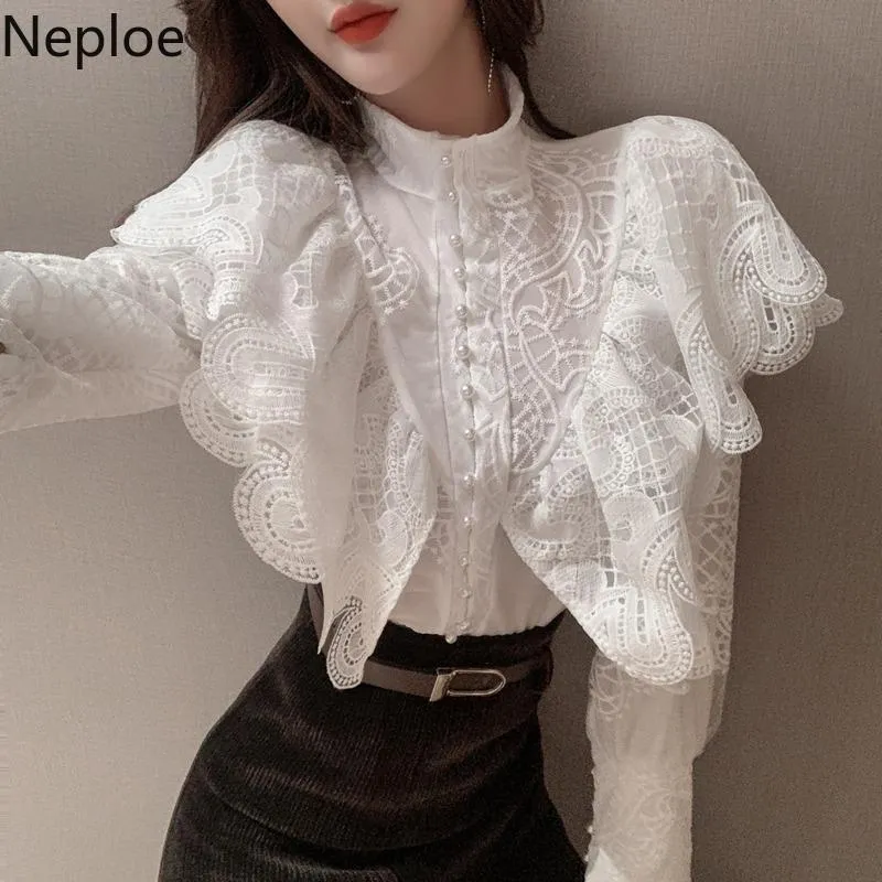 Mulheres Blusas Camisas Neploe Temperamento Mulheres Chic Lace Pesado Crochet Floral Vinatge Stand Neck Slow Sleeve Tops Coreano Elegante Blusas