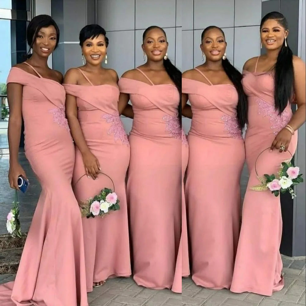 2021 Sexy Dusty Pink Aso Ebi sirène robes de demoiselle d'honneur femmes spéciale robe de soirée de mariage une épaule avec appliques dentelle longue demoiselle d'honneur robes balayage train