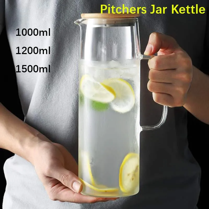 Vingglasögon 1.0L1.2L 1.5L kallt glas vattenflaska med handtag tekanna pitchers burk vattenkokare transparent stor apacitet värmebeständig potten