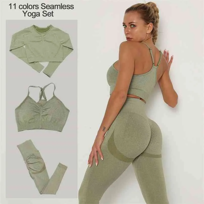 High Waist Seamless Yoga Outfits Workout Sportswear Gym Clothing Fitness Set Long Sleeves Shirt Crop Top Leggings 210802