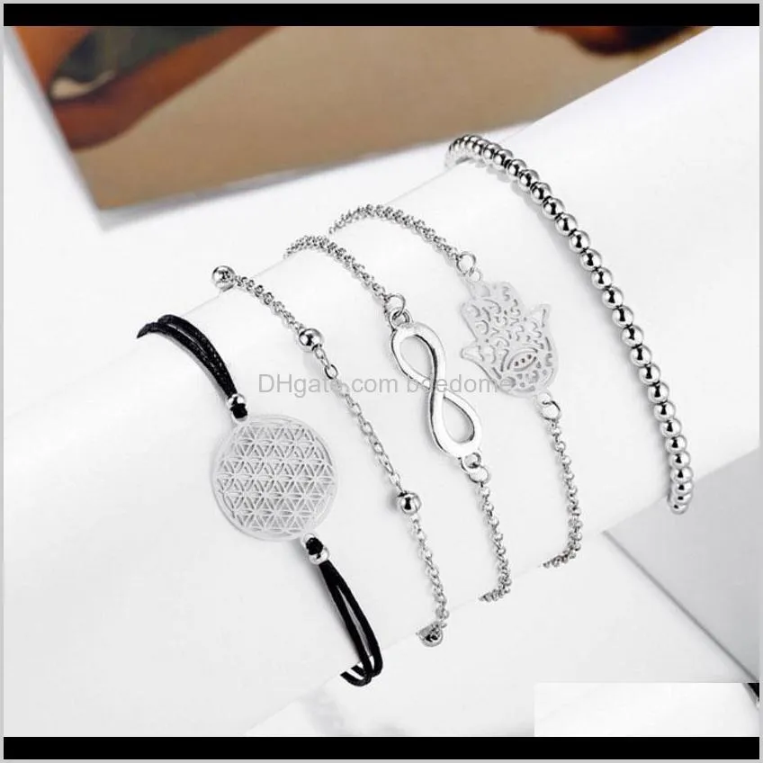 bracelet set 5pcs/set bead chain bead strands hollow-out hand round disc 8 charm silver color plated metal chain string