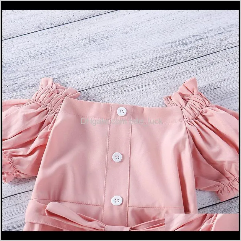 1-6Y Toddler Girls Sweet Dress Pink Solid Puff Sleeve Mid-length Fashion Bow Belt Pleated Boat Neck Bandage Princess Girl`s Dresses
