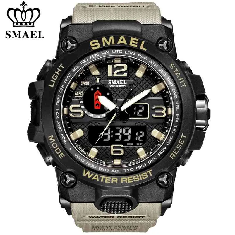 Smael Brand Moda Watch Męskie Wodoodporne Zegarki Wojskowe 1545 Męski Luksusowy Wristwatch Analog Quartz Dual Display Watch 210804