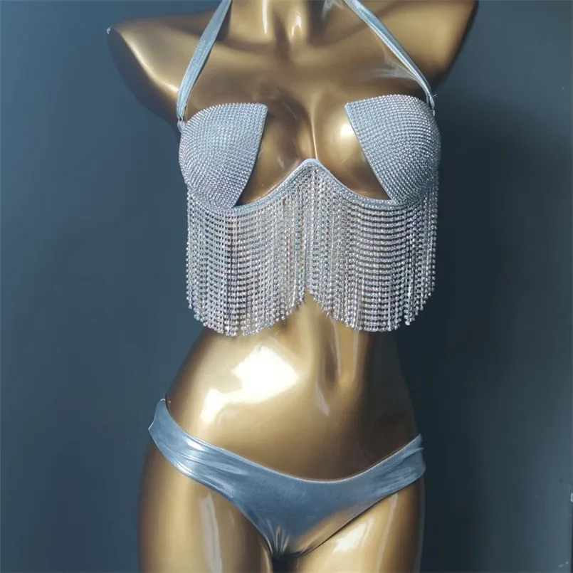 Urlaub sexy Quasten Diamant Bikini Set Kette Bademode Push Up Frauen Beachwear Badeanzug 210722
