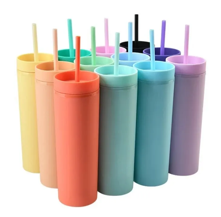 In Stock 16oz Acrylic Mugs Tumblers Matte Colors Double Wall Water Bottle Coffee Drinking Plastic Sippy Cup With Straw FY4409