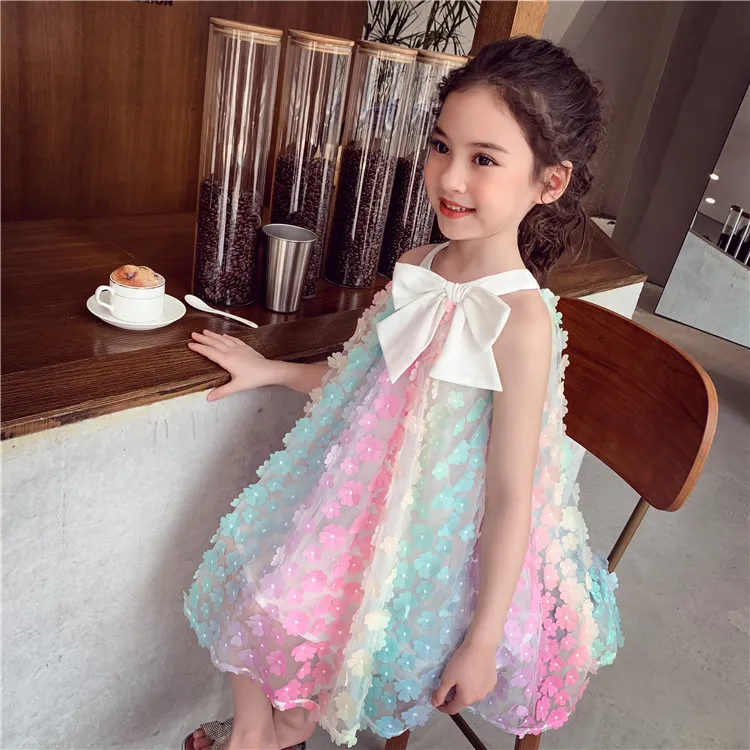 Children's Summer Dresses Wholesale Girl's Colorful Applique A-Line Skirt Bow With Round Neck Baby Korean Fashion Three Dimensional Flower Dress Rainbow Clothing