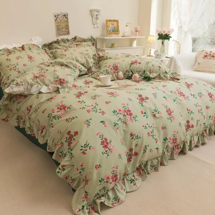 Sängkläder Set American Pure Cotton Ruffled Hem Solid Färg Bäddark Fyra Årstider Pastoral Style Rose Flower Quilt Cover 2022